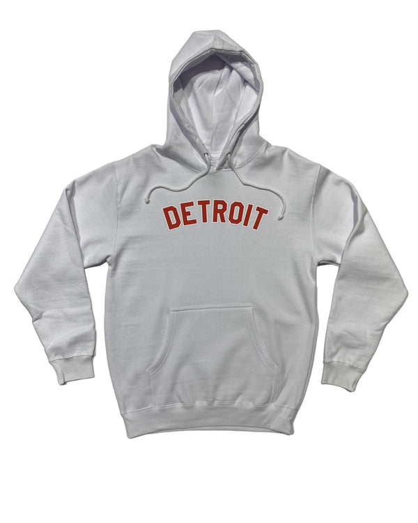 Basic Detroit Red and White print on white hoodie