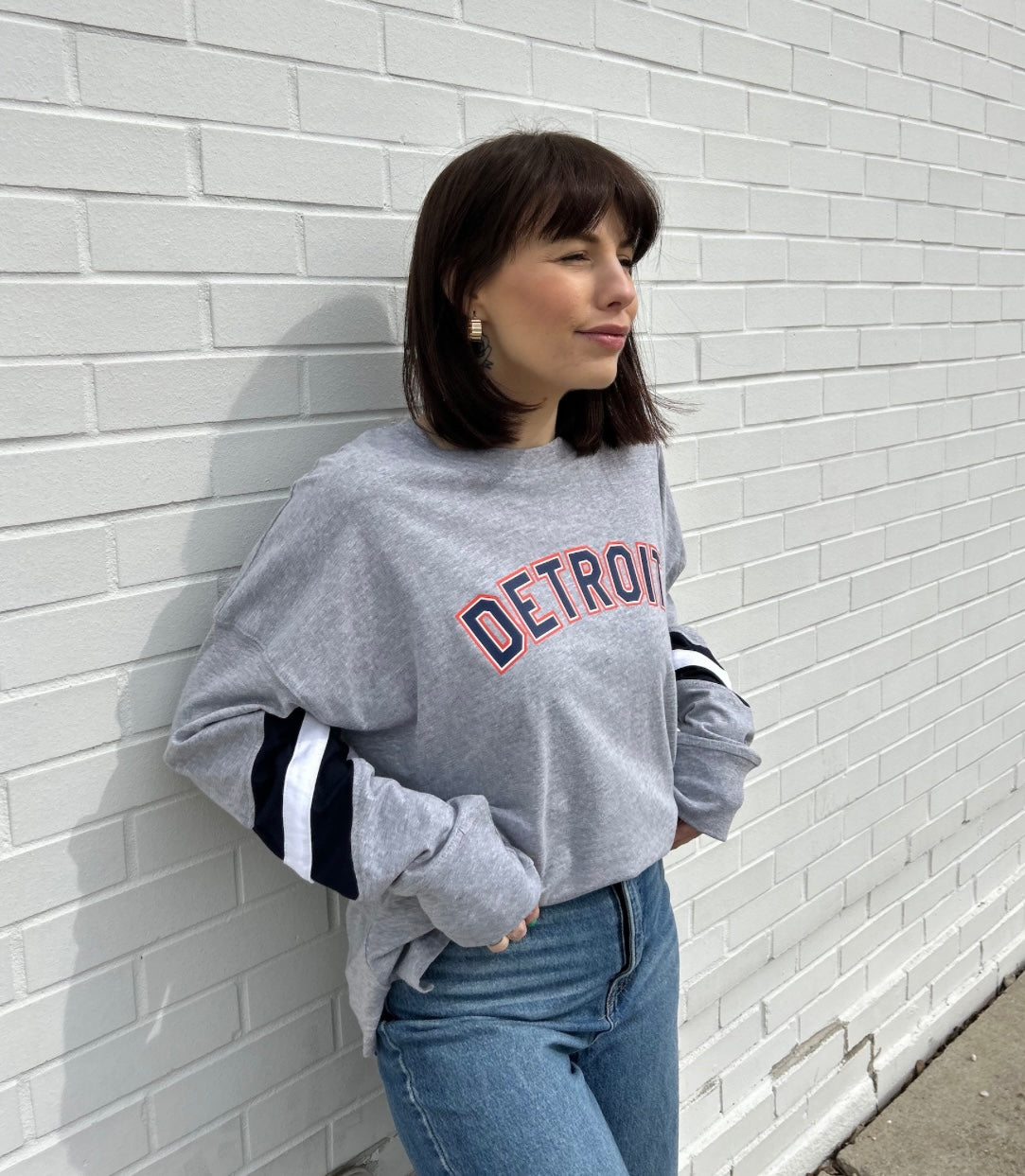Ink Detroit - Orange & Navy Print Ladies Boxy Varsity Long sleeve - Ink Detroit