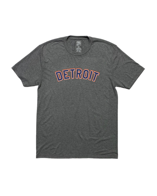 Basic Detroit Navy & Orange Print on a Heather Grey T-Shirt