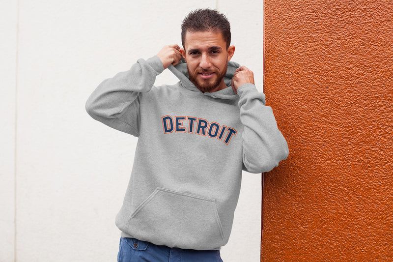 Classic Detroit Navy and Orange Print Hoodie - Athletic Grey