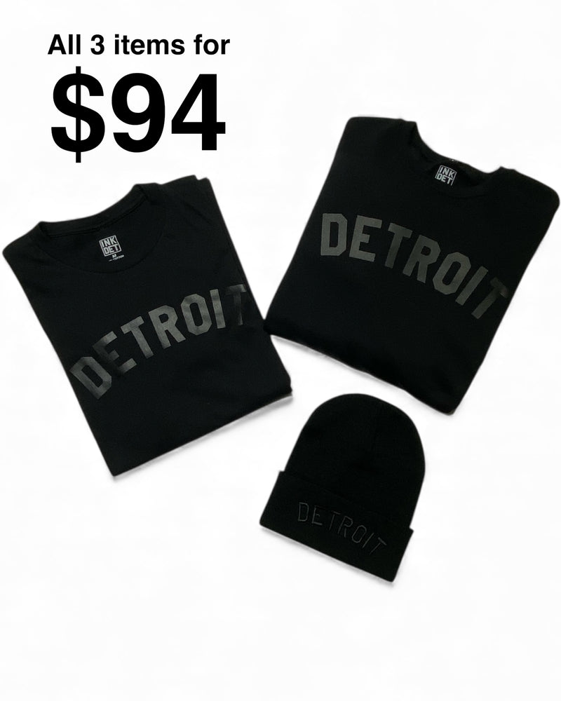 Ink Detroit - Black on Black Bundle 1 - Crew, Tee and Beanie