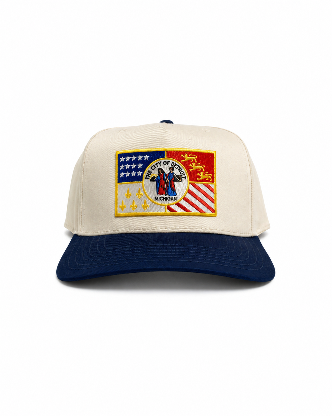 5 Panel Natural Hat with Ebroidered Patch of the City of Detroit Flag
