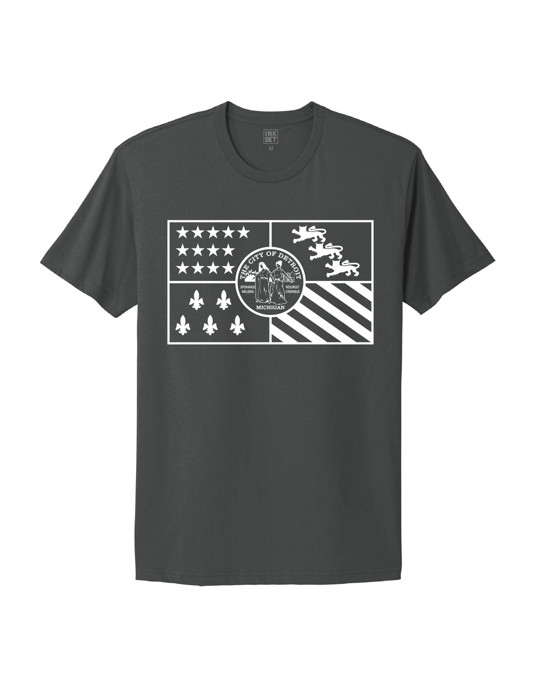 Detroit City flag printed on a dark grey T-Shirt.