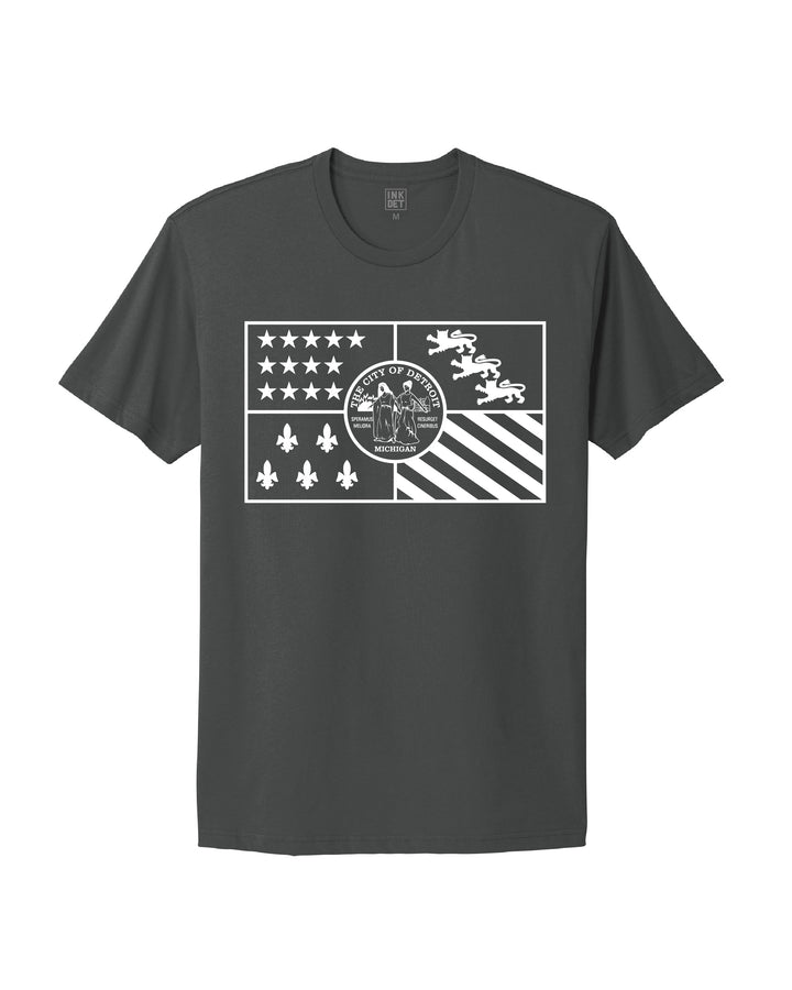 Detroit City flag printed on a dark grey T-Shirt.