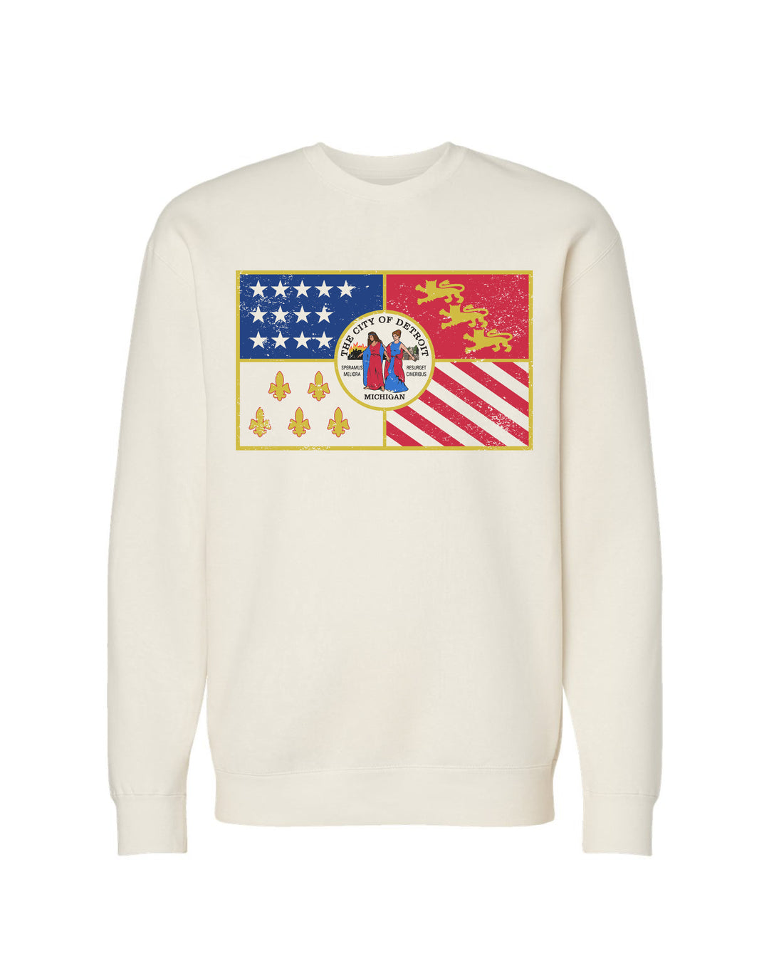 City of Detroit Flag in full color on a heavyweight ivory colored crewneck