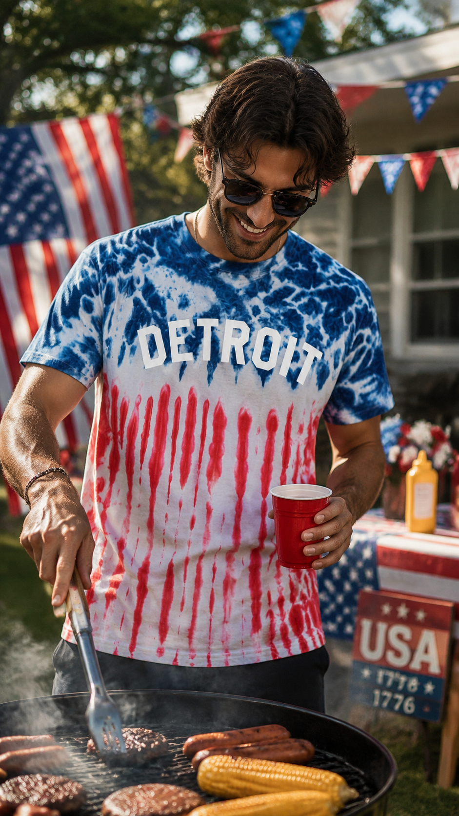 Red White and Blue Tie Dye Detroit T-Shirt for the Fourth of July