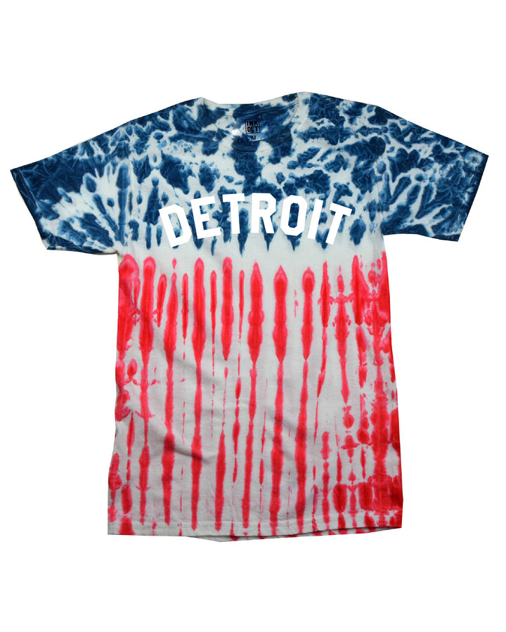Classic Detroit Print on a Red, white, and blue tie dyed T-Shirt.