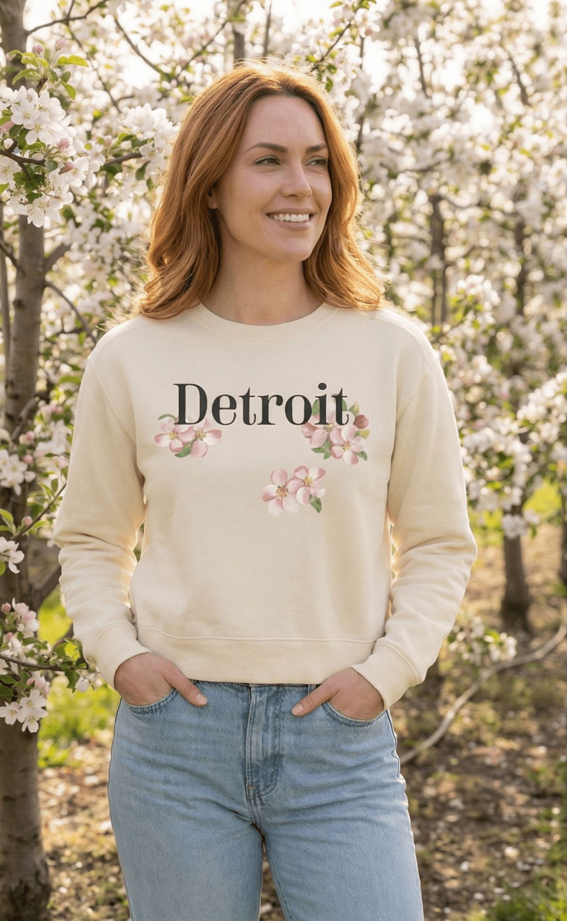 Detroit Apple Blossom Mid-Length Crewneck - Ink Detroit