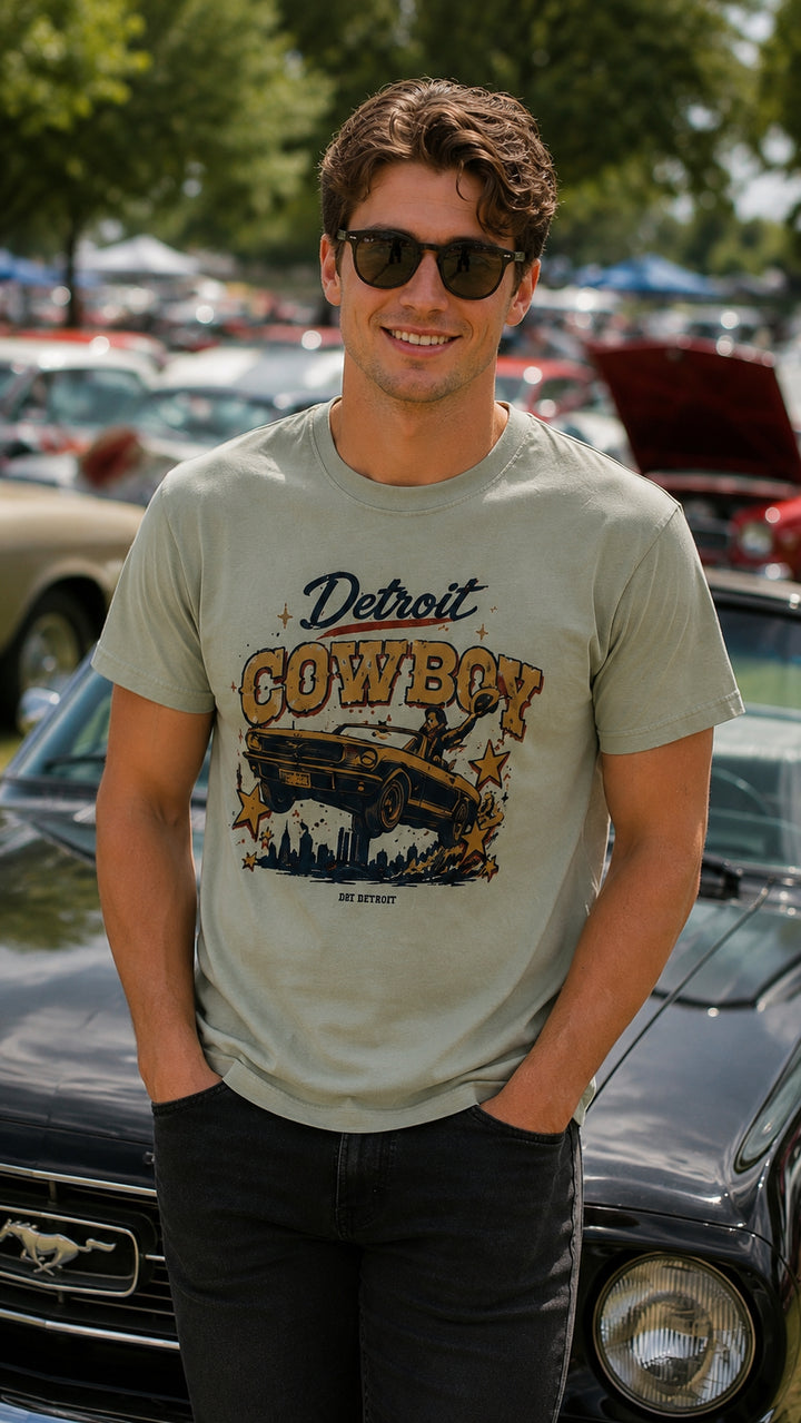 Male model wearing a Detroit COwboy T-Shirt featuring a Ford Mustang