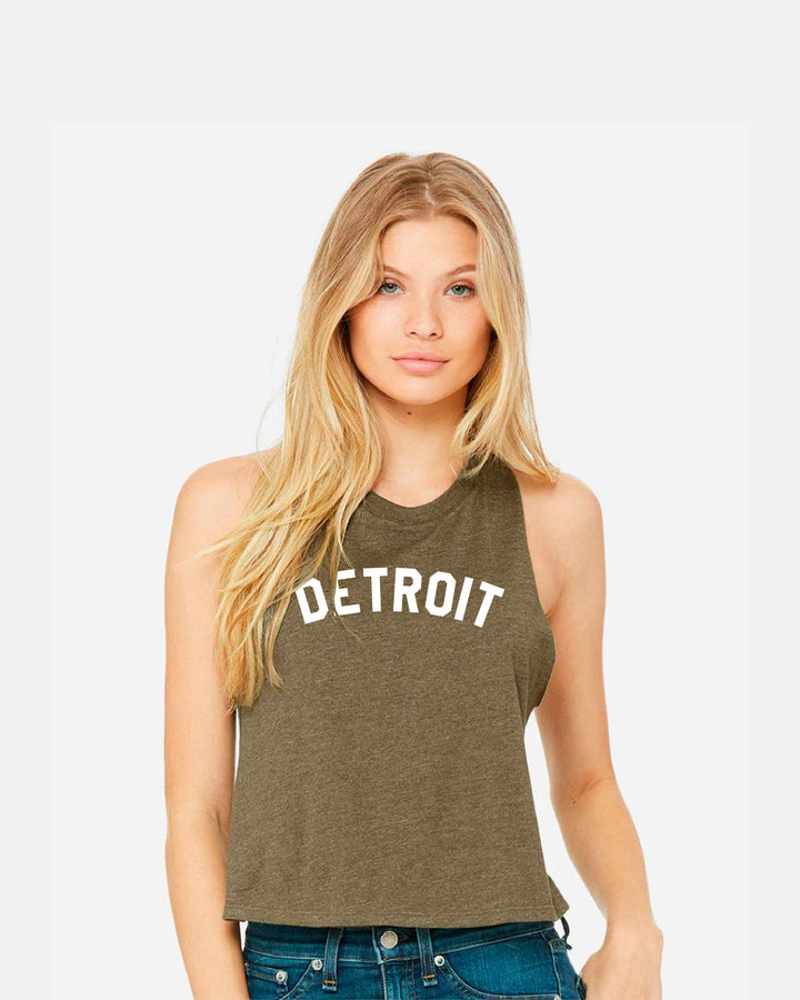 Ink Detroit Racerback Crop Tank Top - Heather Olive