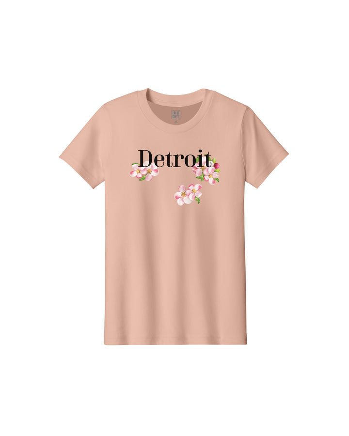 Detroit Apple blossom design printed ona peach colored T-Shirt