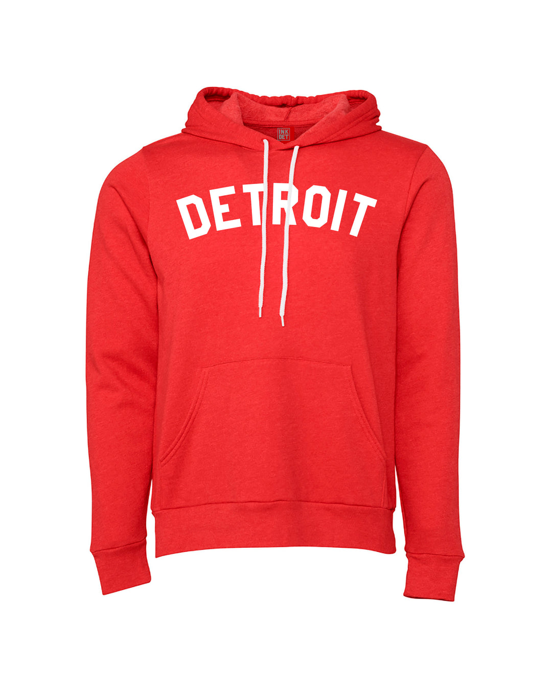Red hoodie with 'DETROIT' text in white