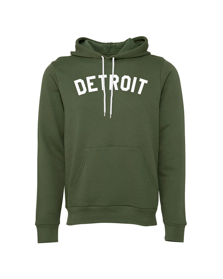 Military Green hoodie with 'DETROIT' text in white 