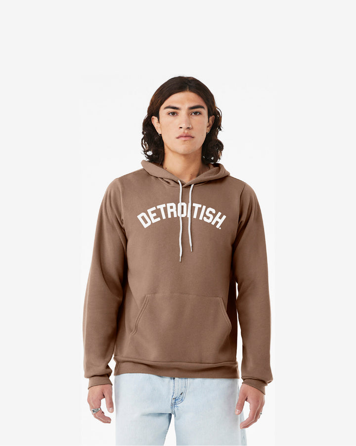 Brown Pullover Hoodie with "DETROITISH" in white across the chest