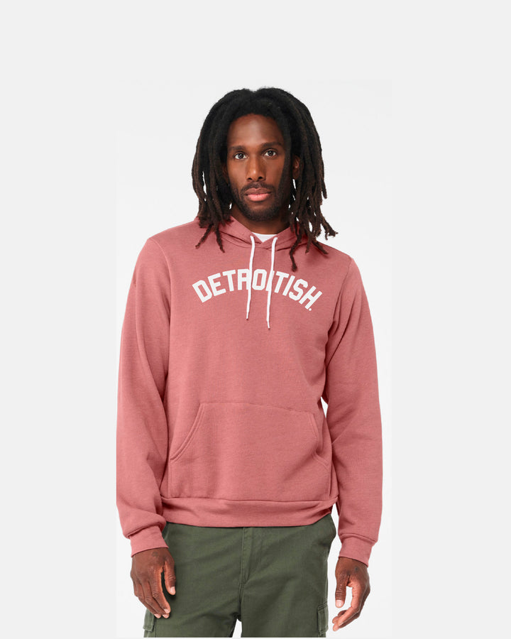 Mauve Pullover Hoodie with "DETROITISH" in white across the chest