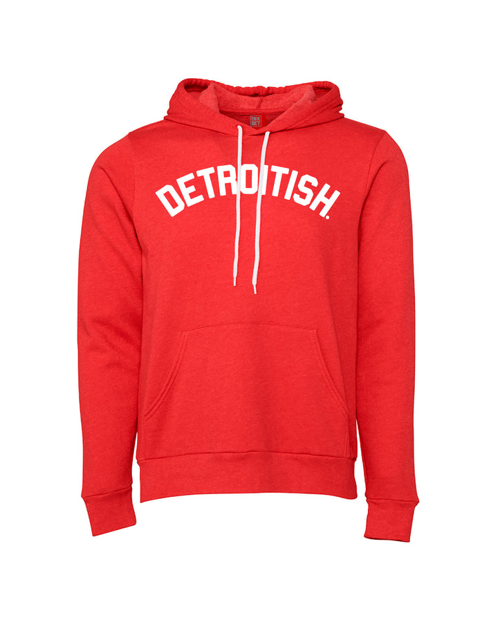 Red Pullover Hoodie with "DETROITISH" in white across the chest