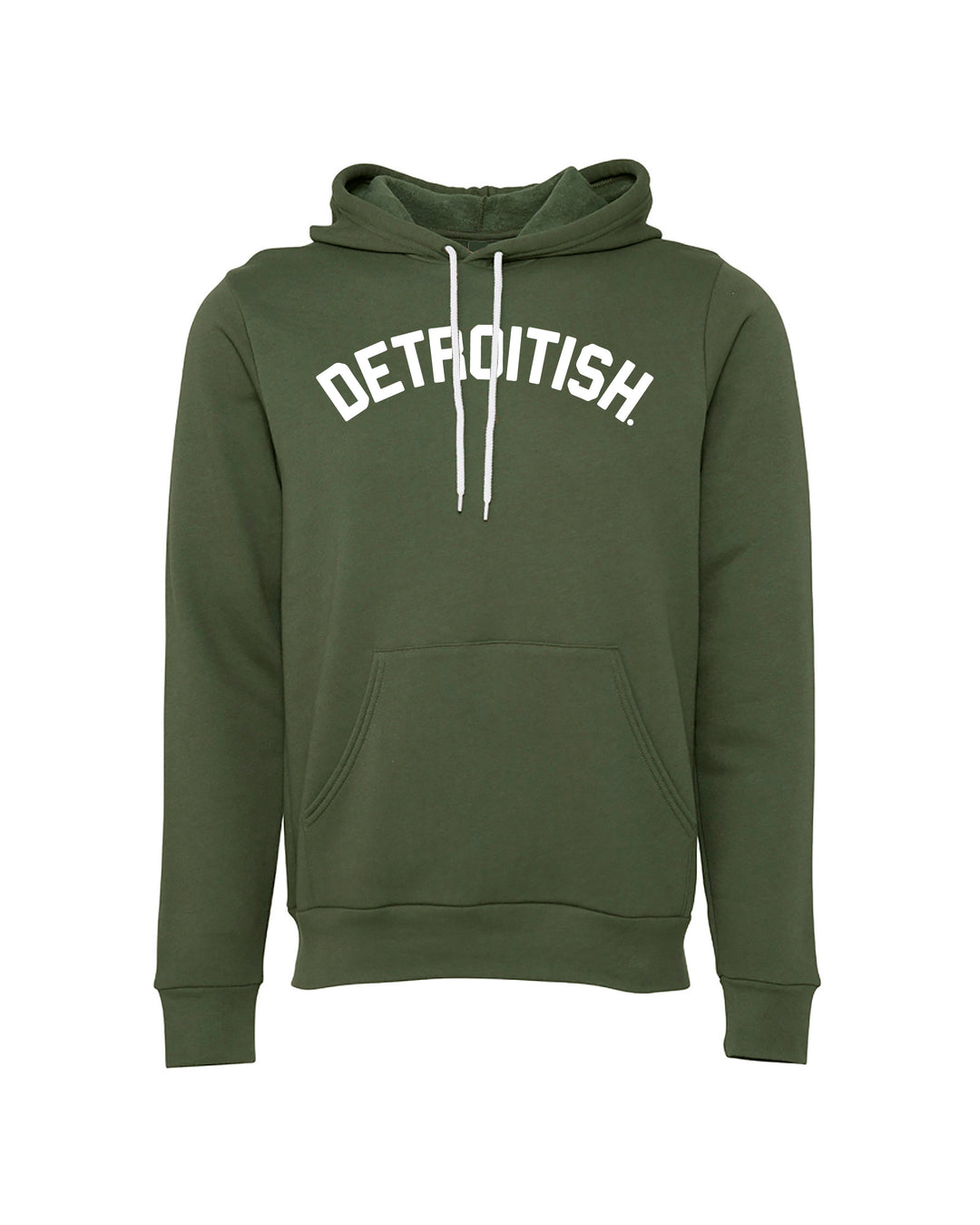 Military Green Pullover Hoodie with "DETROITISH" in white across the chest