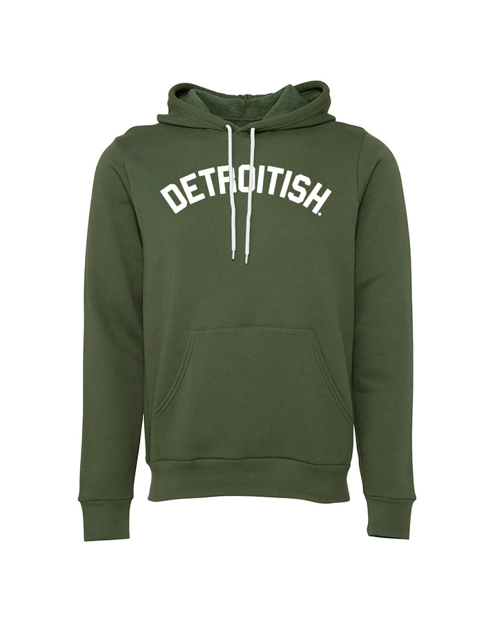 Military Green Pullover Hoodie with "DETROITISH" in white across the chest
