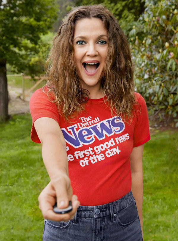 Drew Barrymore wearing the Detroit News classic red T-Shirt