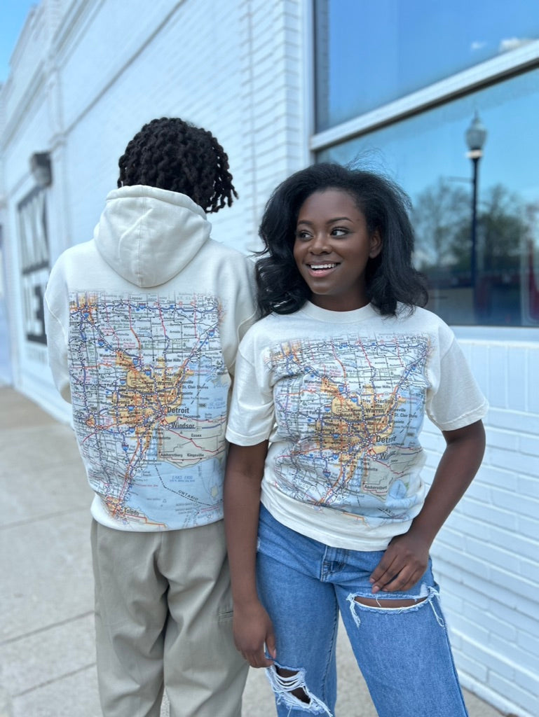 Ink Detroit Premium Heavyweight Metro Detroit Map Hoodie - Bone
