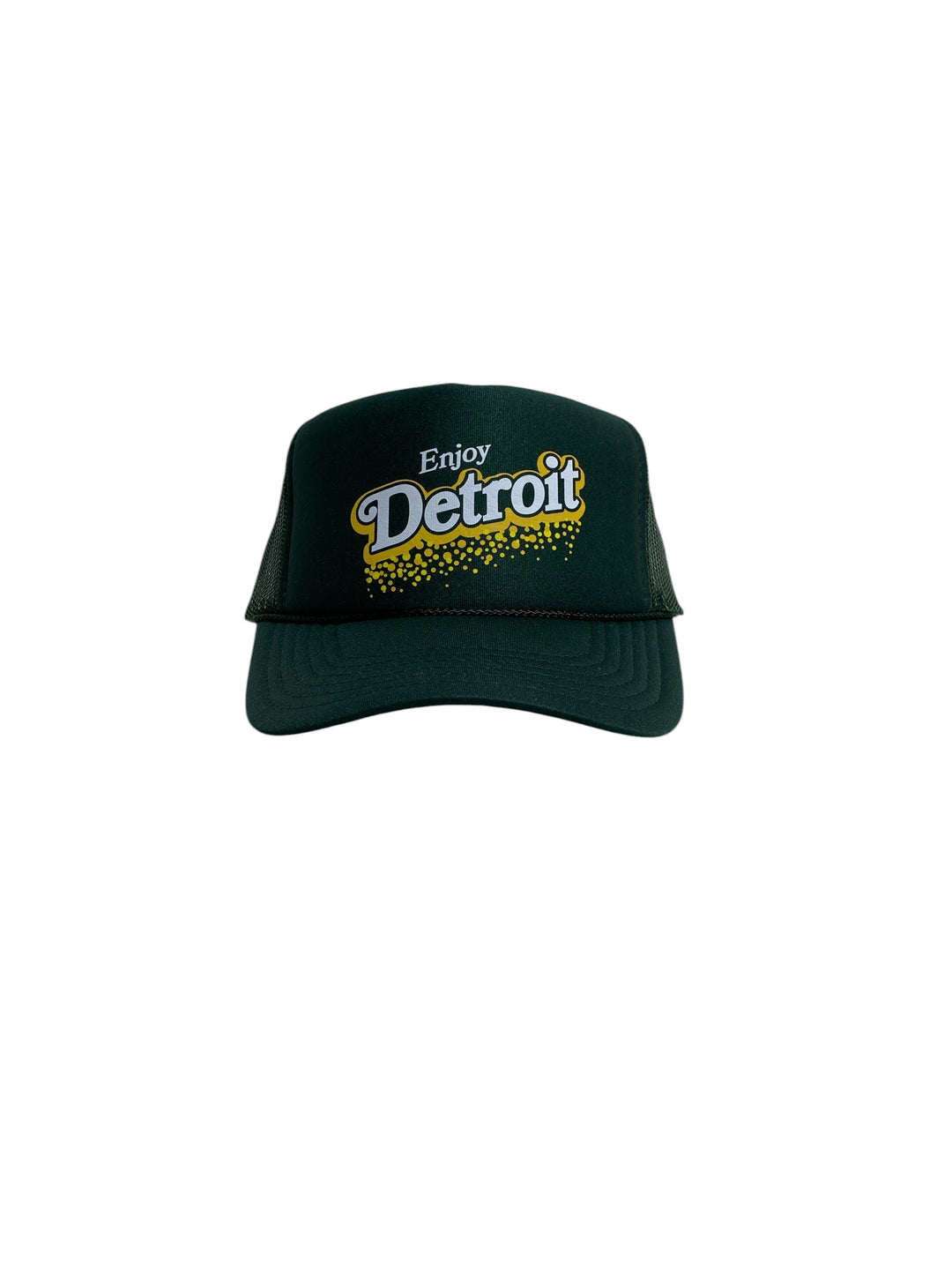 Straight on profile of the Enjoy Detroit Ginger Ale foam trucker hat by Ink Detroit
