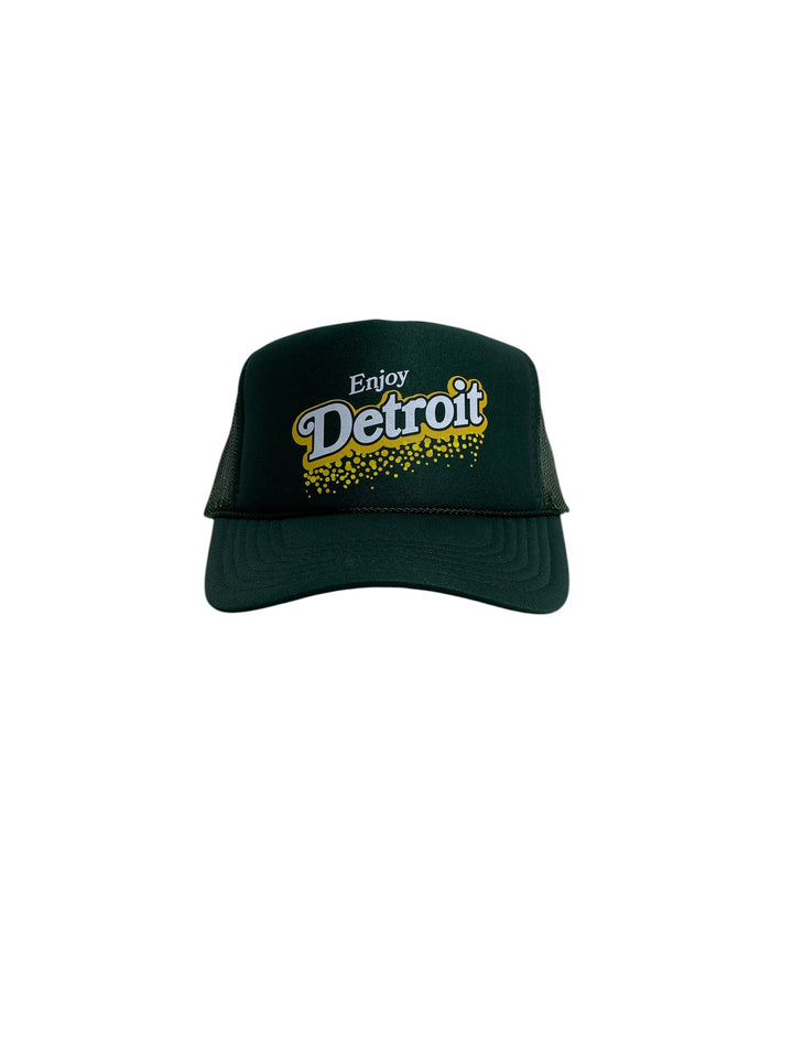 Straight on profile of the Enjoy Detroit Ginger Ale foam trucker hat by Ink Detroit