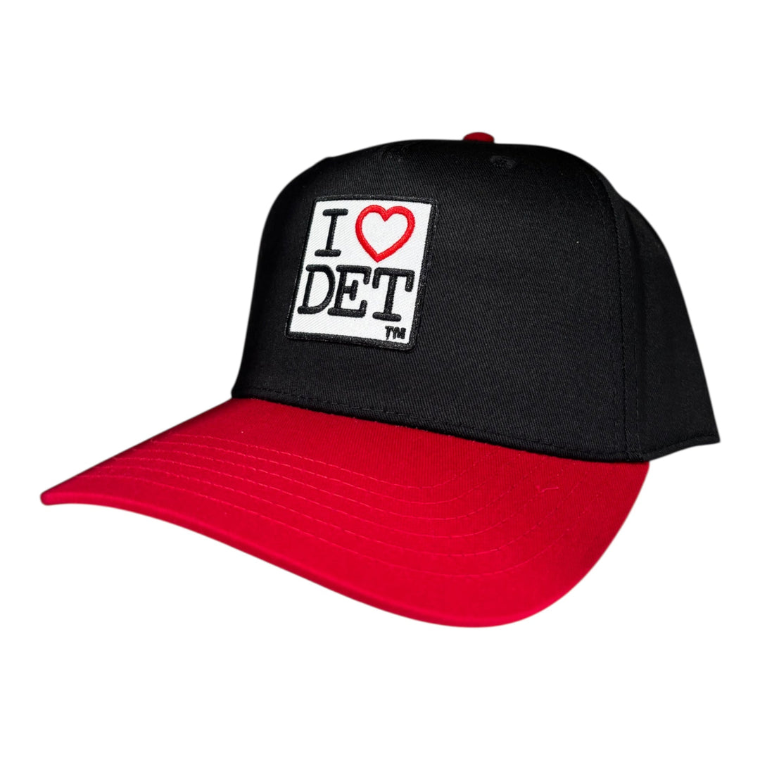 Black and red cap with 'I ❤️ DET' logo on a white background