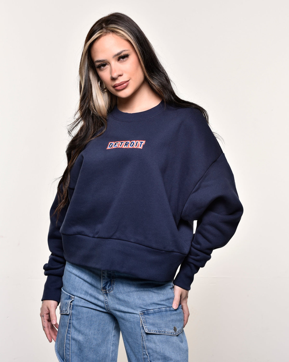 Ink Detroit - Women's Baseball Colorway Embroidered Boxy Crewneck - Navy - Ink Detroit