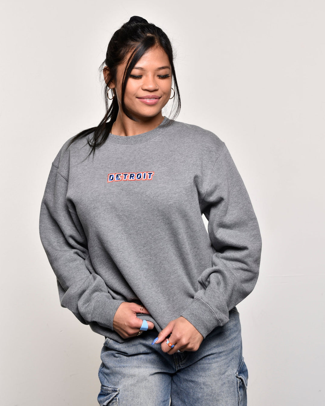 Ink Detroit - Baseball Colorway Embroidered Crewneck Sweatshirt - Heather Gunmetal