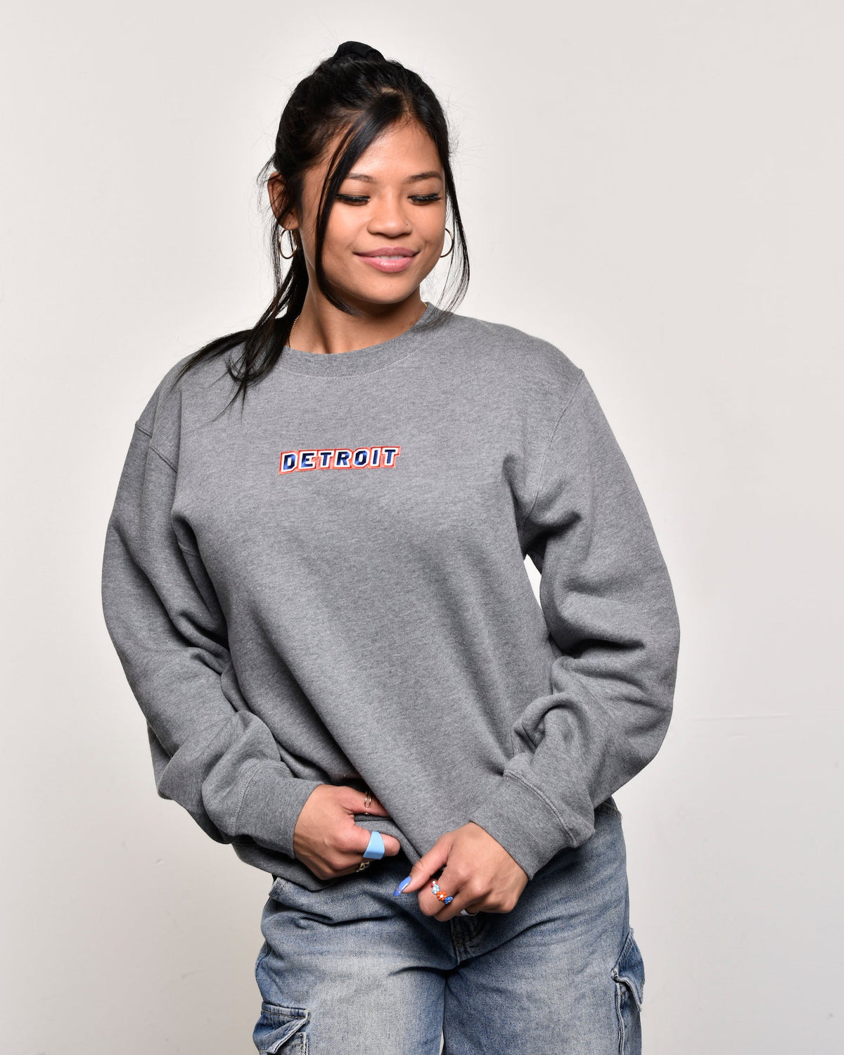 Ink Detroit - Baseball Colorway Embroidered Crewneck Sweatshirt - Heather Gunmetal - Ink Detroit