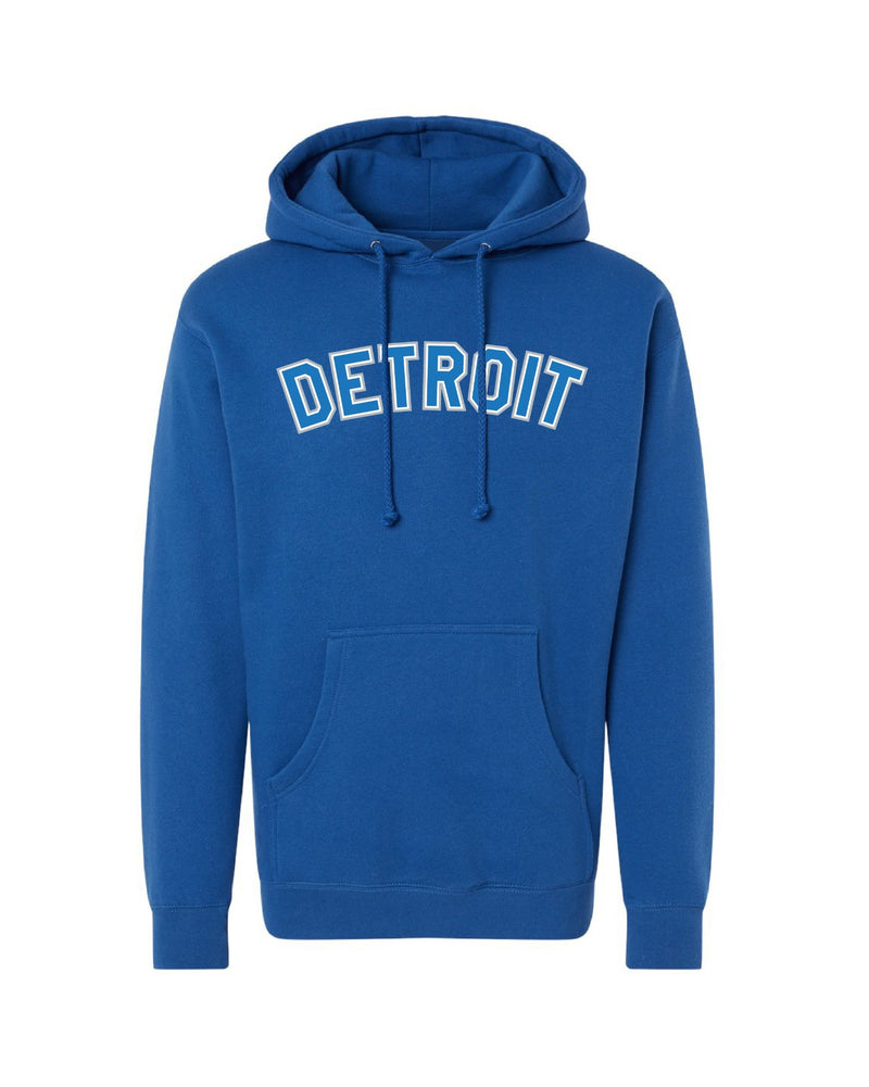 Honolulu blue and silver Detroit print  on a blue hoodie