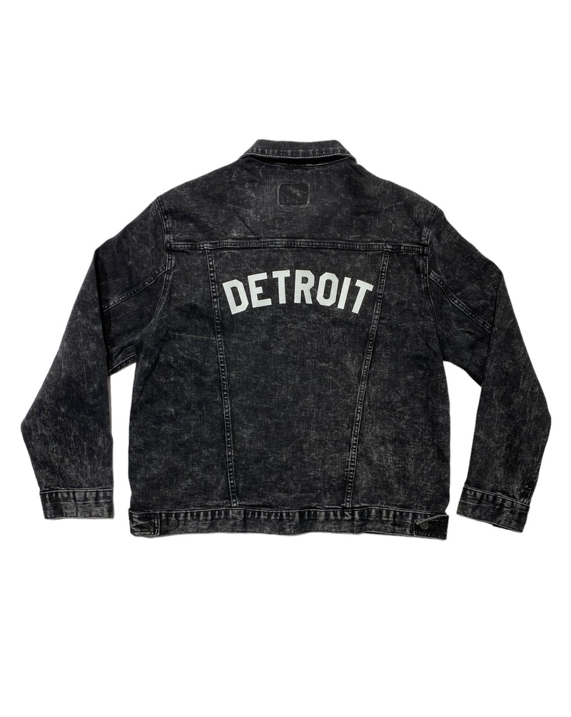 Black denim jacket with Detroit printed on back