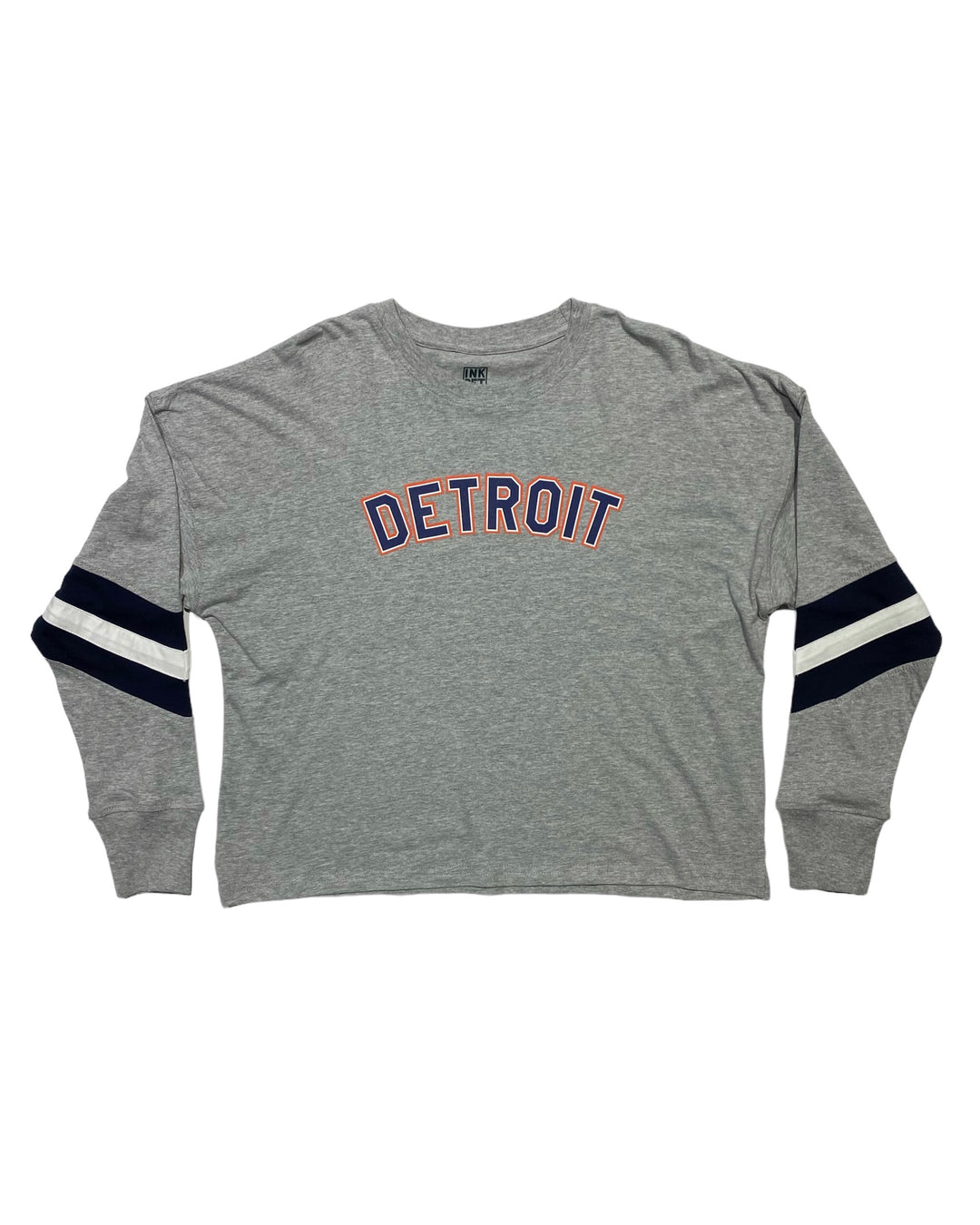 Orange and Navy Detroit Print on Ladies Boxy Varsity Long sleeve