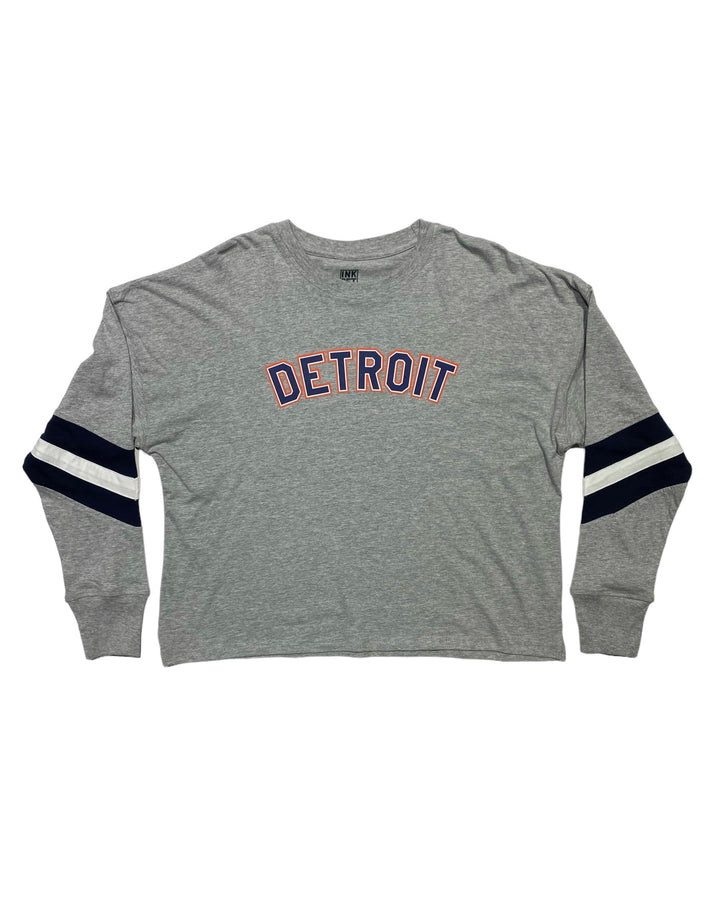 Orange and Navy Detroit Print on Ladies Boxy Varsity Long sleeve