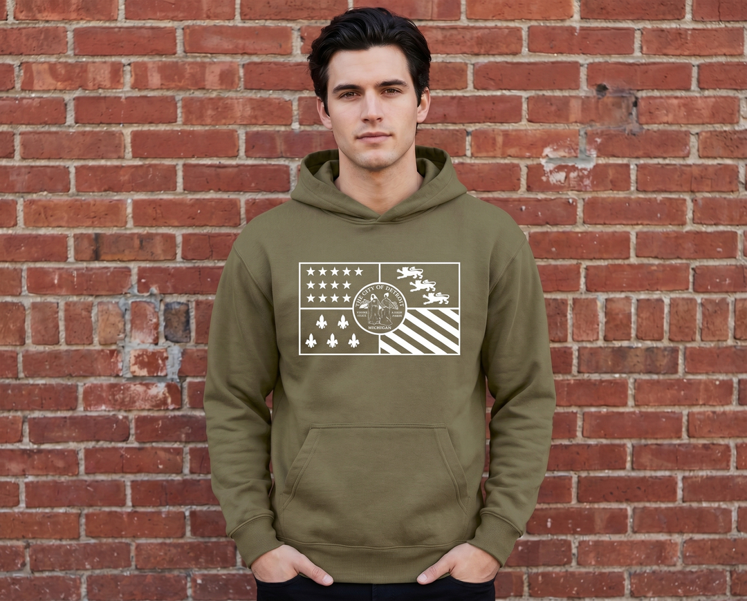 Male model wearing Detroit CIty Flag hoodie in Coyote brown