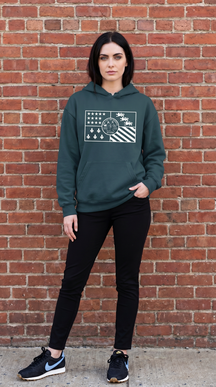 Female model wearing Detroit CIty Flag Hoodie in Dark cyan color