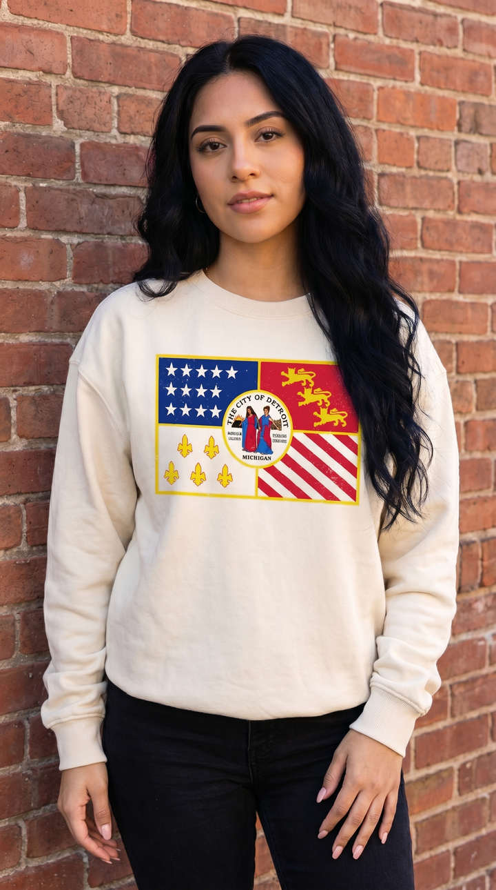 Beautiful South West Detroit latina model wearing a City of Detroit Flag crewneck sweatshirt.