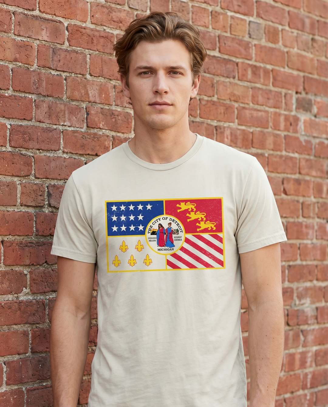 Model wearing a City of Detroit Flag T-Shirt in a soft full color print