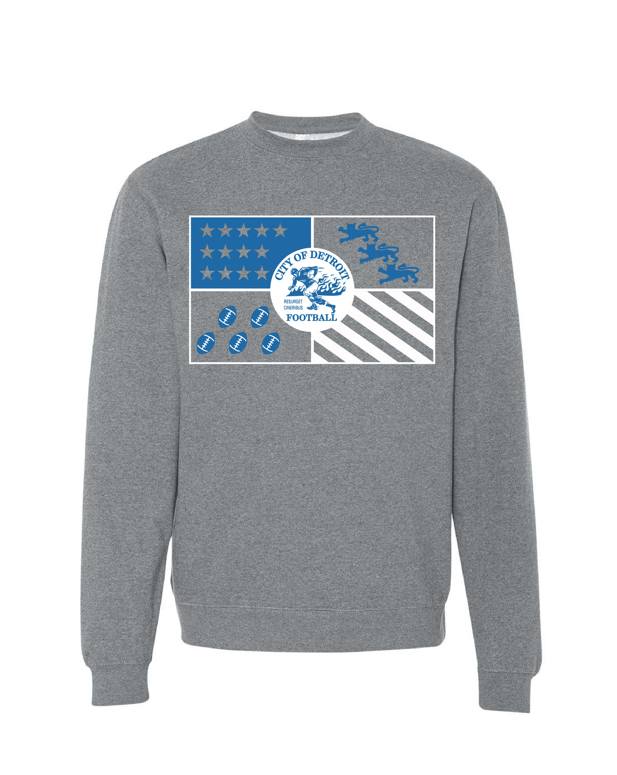 Ink Detroit - City of Detroit Football Flag Crewneck Sweatshirt- Heather Gunmetal - Ink Detroit