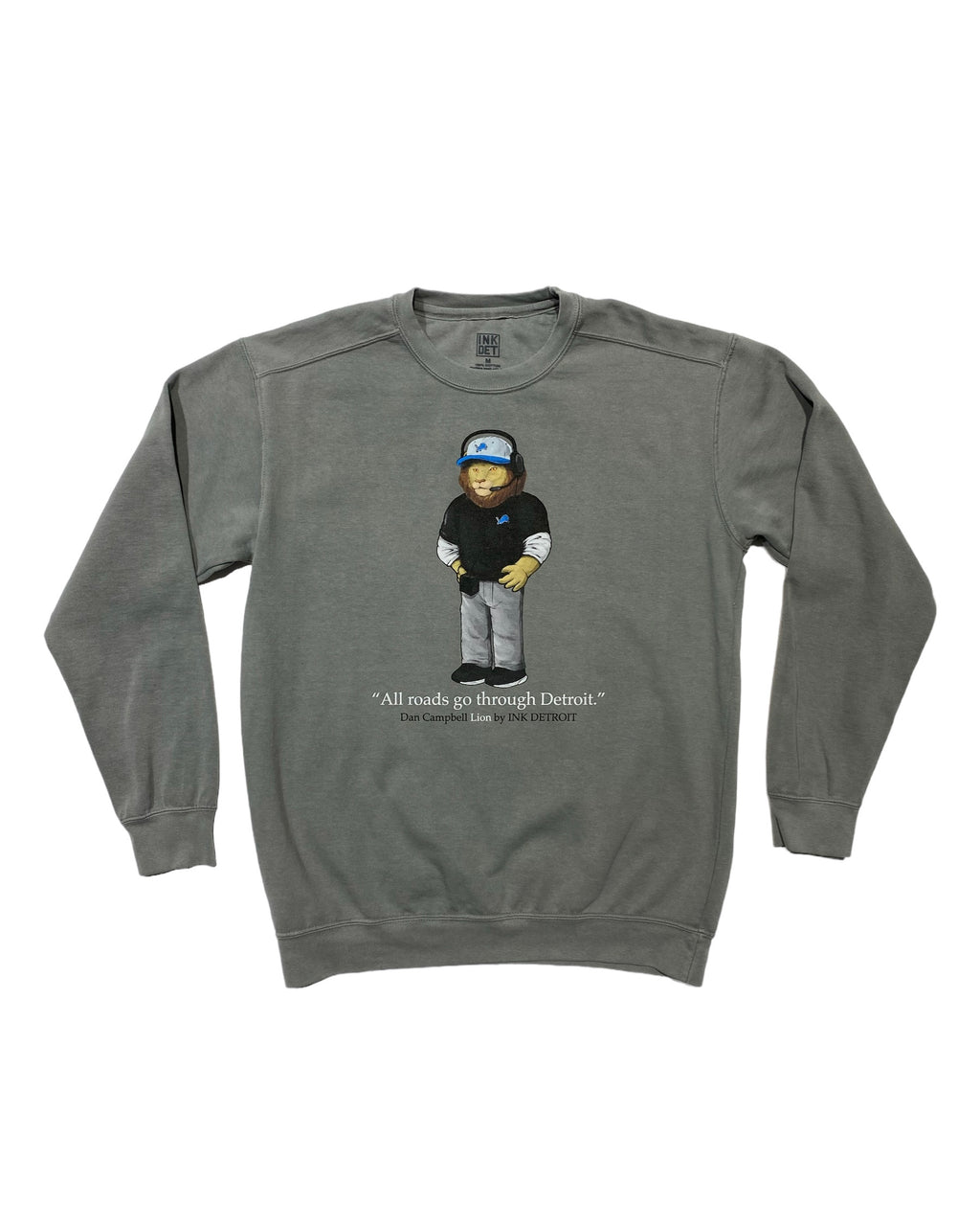 Ink Detroit - Dan Campbell Lion Crewneck Sweatshirt - Pigment Dyed Grey - Ink Detroit