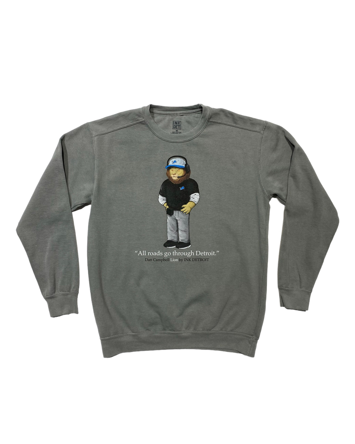 Ink Detroit - Dan Campbell Lion Crewneck Sweatshirt - Pigment Dyed Grey - Ink Detroit