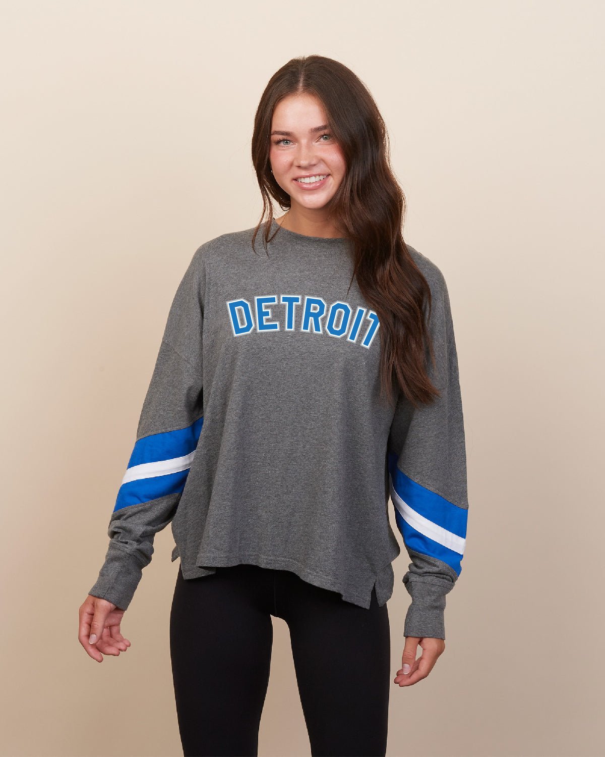 Ink Detroit - Honolulu Blue & Silver Print Ladies Boxy Varsity Long sleeve - Ink Detroit