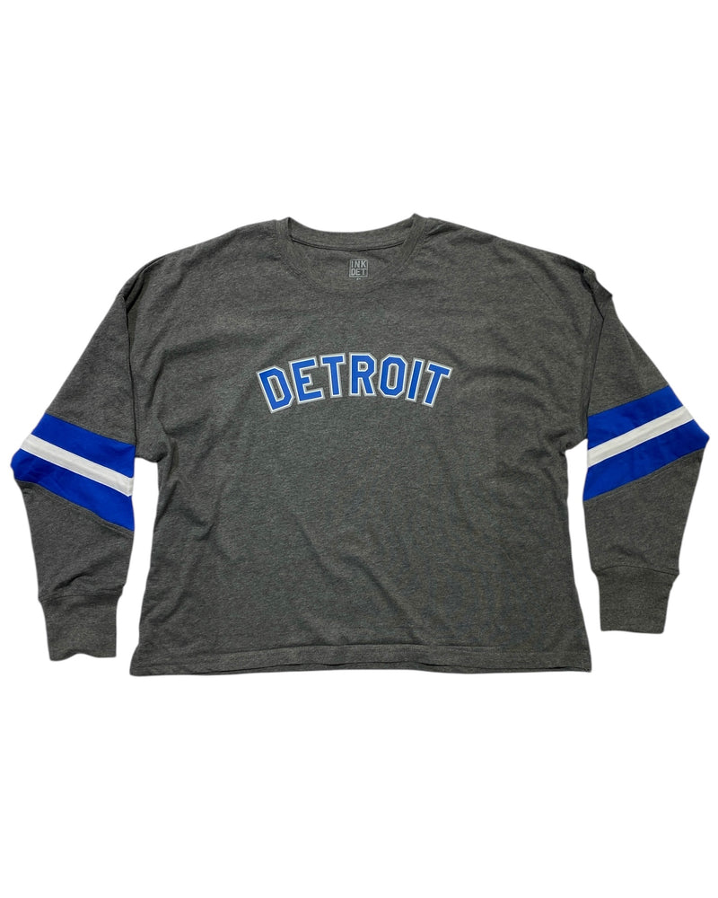 Ink Detroit - Honolulu Blue & Silver Print Ladies Boxy Varsity Long sleeve