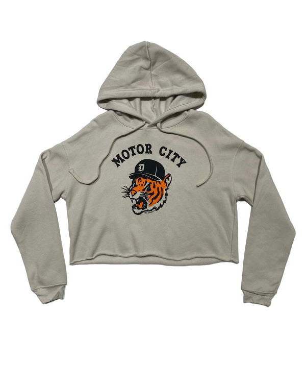 Motor City Kitty on a Heather Dust crop hoodie