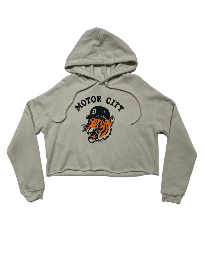 Ink Detroit -  Motor City Kitty Fleece Crop Hoodie - Heather Dust