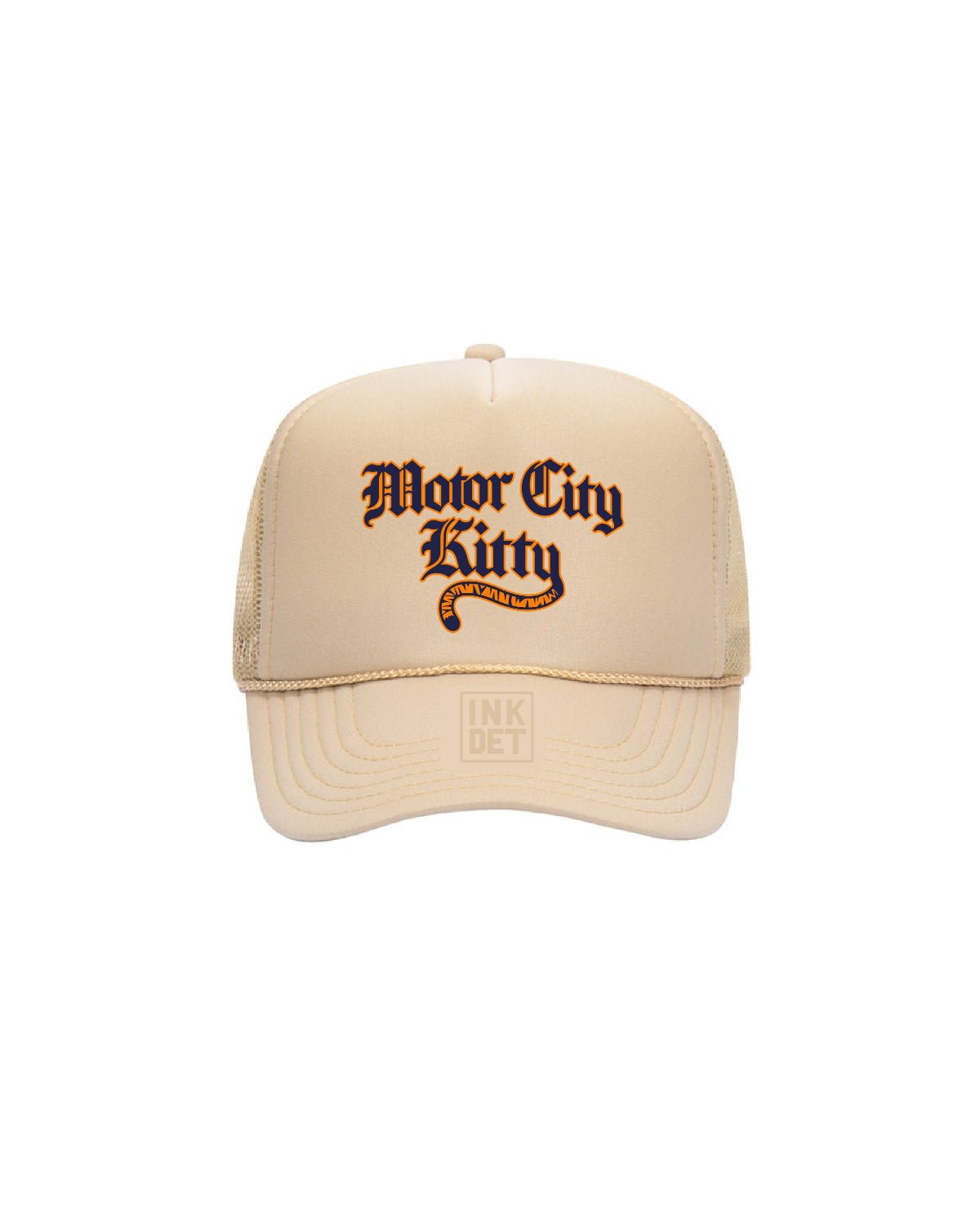 Motor City Kitty Tiger Tail - Tan Foam Trucker Hat - Ink Detroit