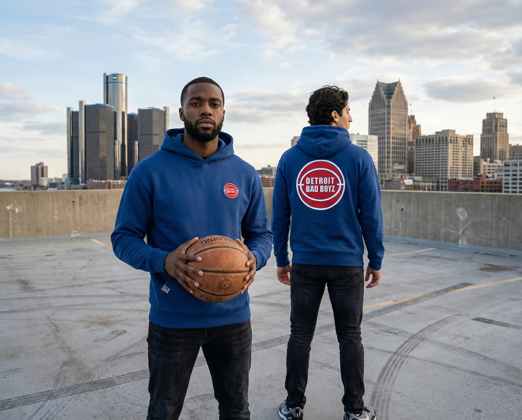 Two men wearing blue Detroit Bad Boys hoodies, one holding a basketball, on a rooftop with the Motor City skyline in the background.