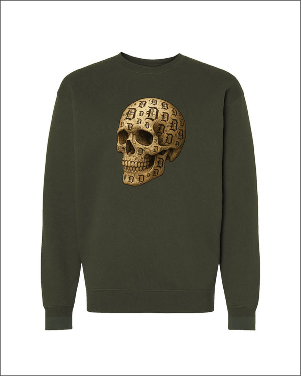 Detroit D carved into a skul sketch on parchment and printed on a heavyweight crewneck in natural green color.