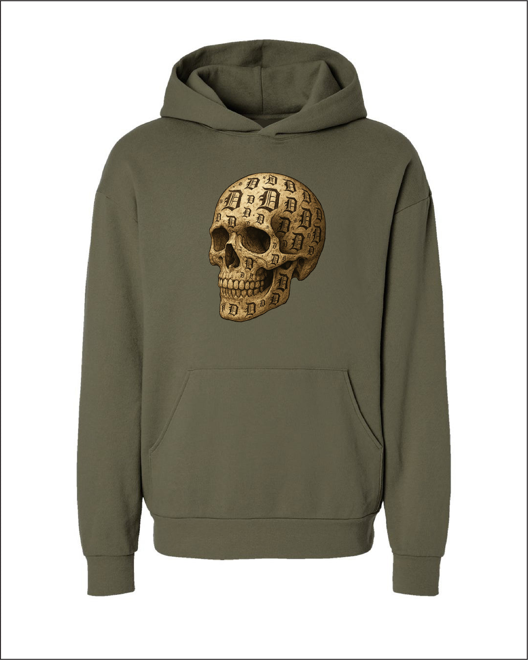 Ink Detroit Old English D Skull printed on a premium hoodie with no drawstrings