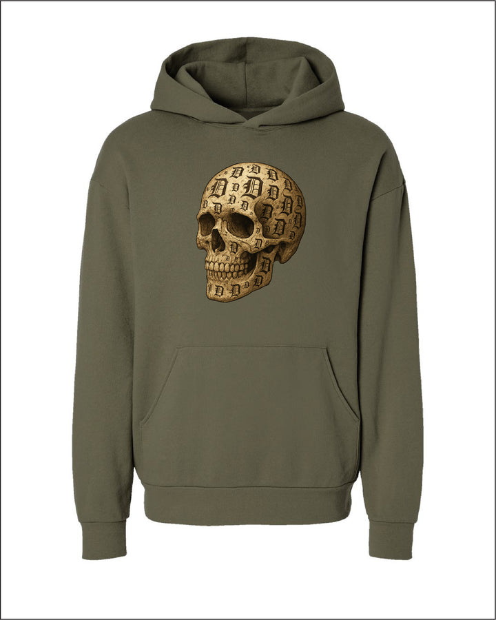 Ink Detroit Old English D Skull printed on a premium hoodie with no drawstrings
